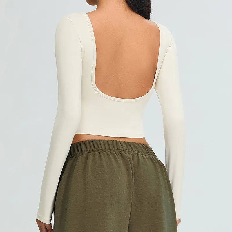 Camisas de yoga sem costas mulheres topo de colheita mangas compridas camisas femininas yoga esportes fitness mangas compridas roupas de ginásio correndo treino topos