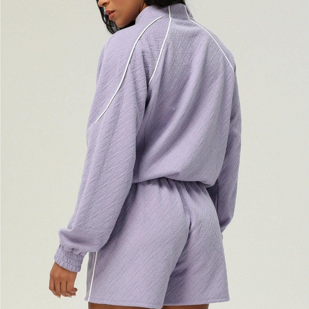 2 peças texturizadas ginásio ternos de fitness para mulheres confortáveis zip completo manga longa shorts sweatsuits yoga treino lounge conjuntos treino