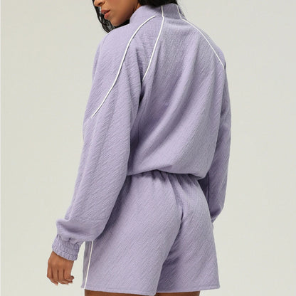 2 peças texturizadas ginásio ternos de fitness para mulheres confortáveis zip completo manga longa shorts sweatsuits yoga treino lounge conjuntos treino