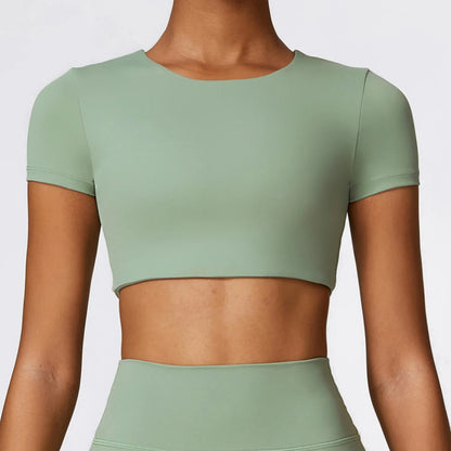 Mulher esportes topo em torno do pescoço yoga colheita topo de manga curta para fitness push up treino camiseta topos roupas de ginásio