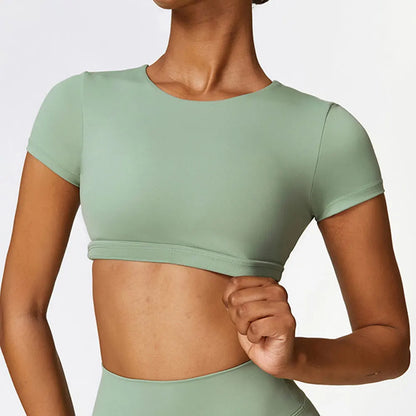 Mulher esportes topo em torno do pescoço yoga colheita topo de manga curta para fitness push up treino camiseta topos roupas de ginásio