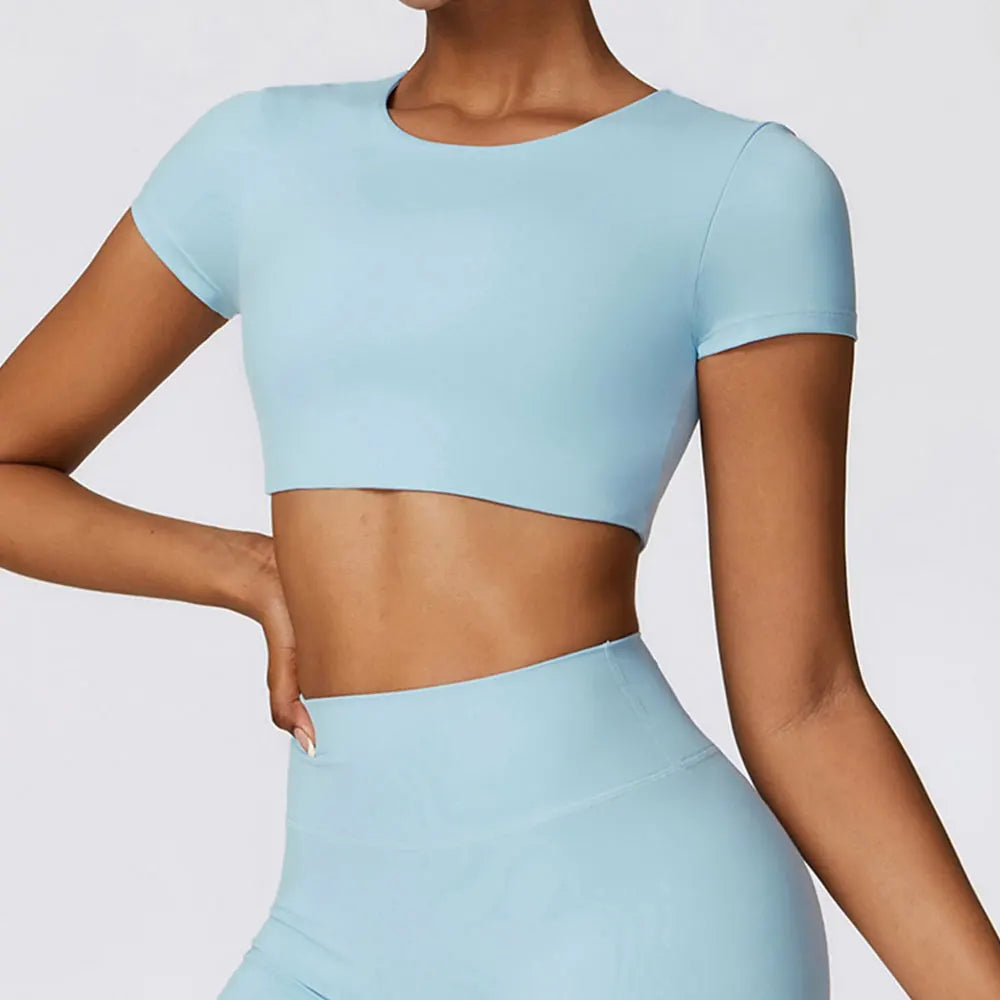 Mulher esportes topo em torno do pescoço yoga colheita topo de manga curta para fitness push up treino camiseta topos roupas de ginásio