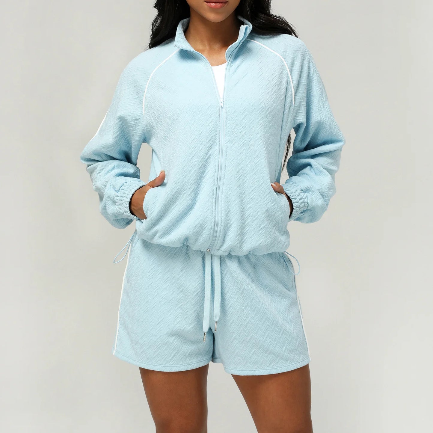 2 peças texturizadas ginásio ternos de fitness para mulheres confortáveis zip completo manga longa shorts sweatsuits yoga treino lounge conjuntos treino