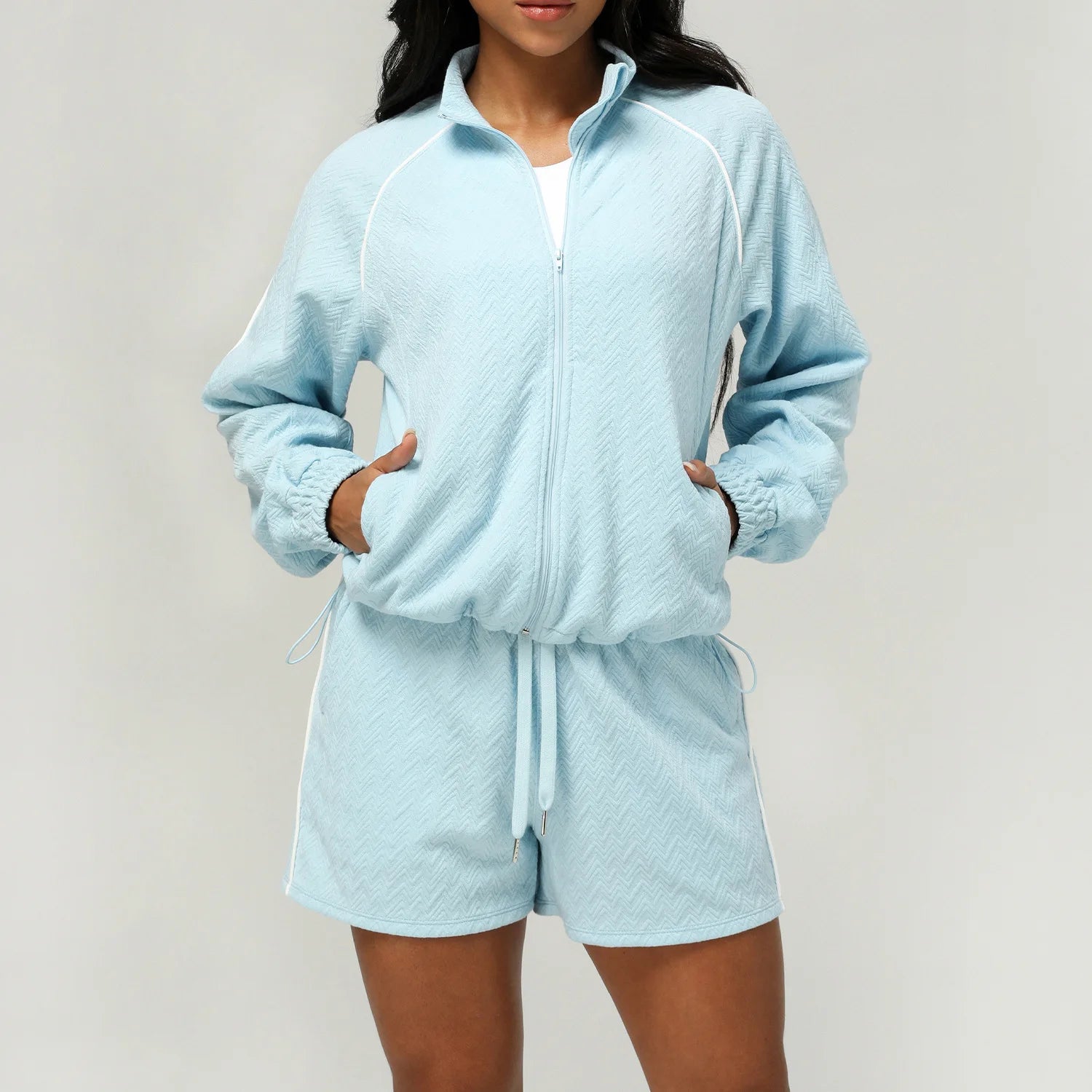 2 peças texturizadas ginásio ternos de fitness para mulheres confortáveis zip completo manga longa shorts sweatsuits yoga treino lounge conjuntos treino