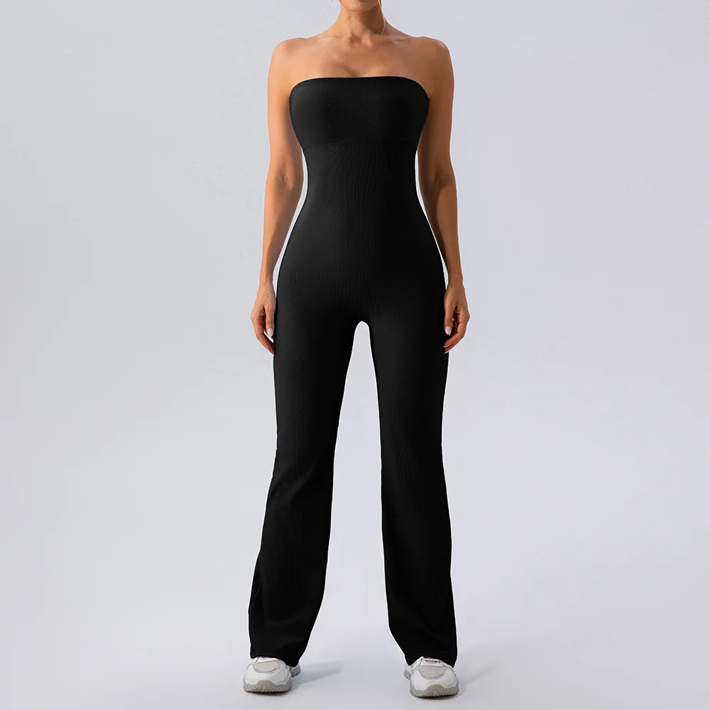 Macacão bandeau sem alças de uma peça para mulheres, macacão esportivo de uma peça, fundo de sino com nervuras, bodysuit de ginástica, ombro a ombro, ioga e treino, 2024