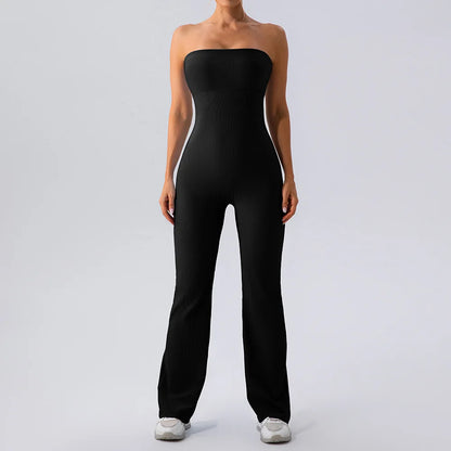 Macacão bandeau sem alças de uma peça para mulheres, macacão esportivo de uma peça, fundo de sino com nervuras, bodysuit de ginástica, ombro a ombro, ioga e treino, 2024