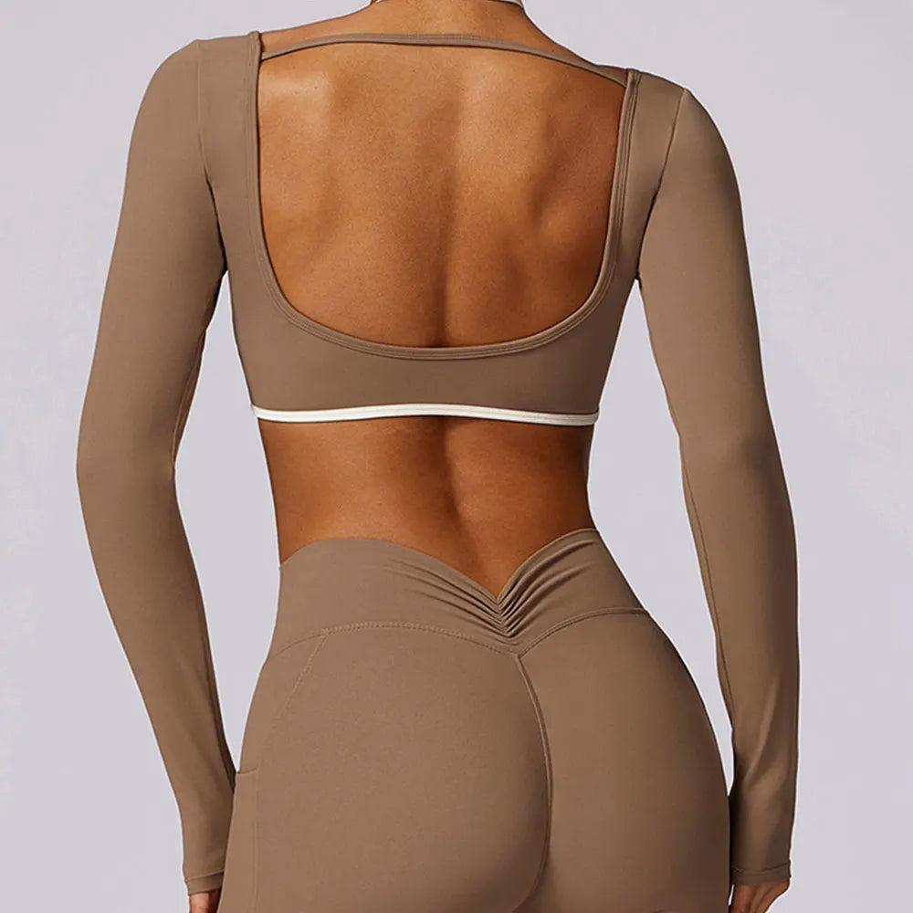 Camisas de ioga sem costas sexy para mulheres, manga longa, fitness, corrida, roupas de ginástica, treino, ajuste seco, respirável, elástico alto, parte superior esportiva