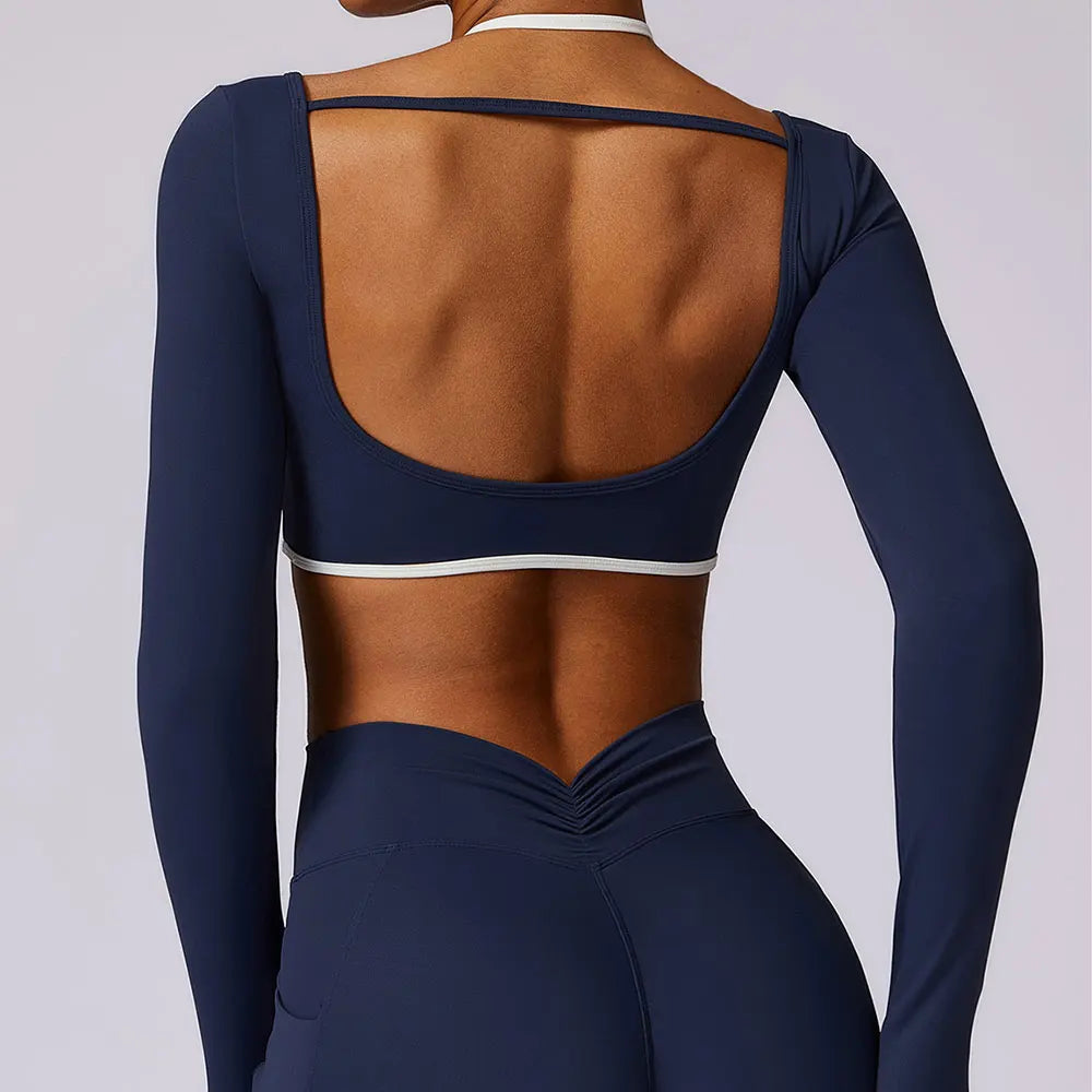 Camisas de ioga sem costas sexy para mulheres, manga longa, fitness, corrida, roupas de ginástica, treino, ajuste seco, respirável, elástico alto, parte superior esportiva
