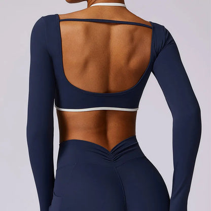 Camisas de ioga sem costas sexy para mulheres, manga longa, fitness, corrida, roupas de ginástica, treino, ajuste seco, respirável, elástico alto, parte superior esportiva
