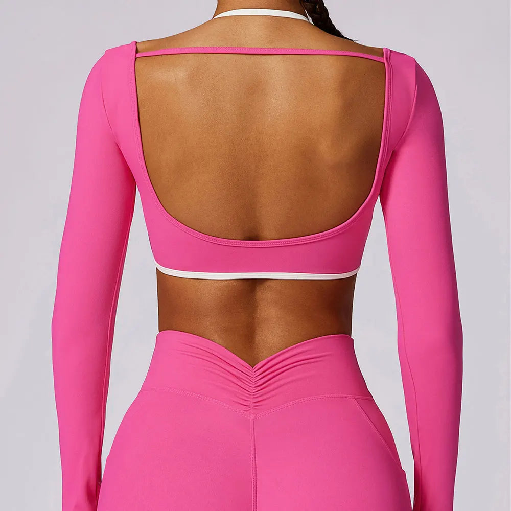 Camisas de ioga sem costas sexy para mulheres, manga longa, fitness, corrida, roupas de ginástica, treino, ajuste seco, respirável, elástico alto, parte superior esportiva