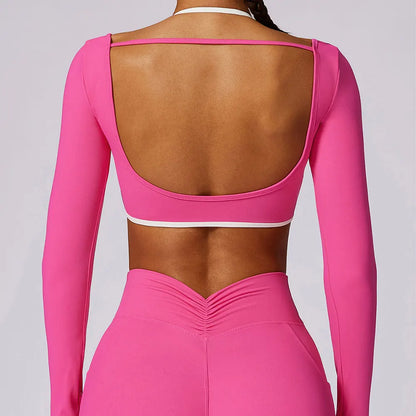 Camisas de ioga sem costas sexy para mulheres, manga longa, fitness, corrida, roupas de ginástica, treino, ajuste seco, respirável, elástico alto, parte superior esportiva