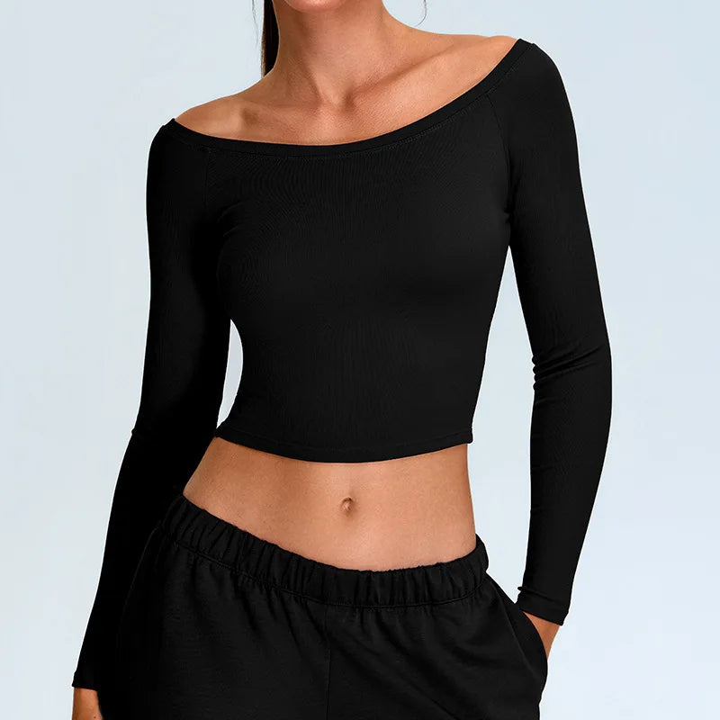 Camisetas de yoga femininas sólidas esportes topo fora do ombro manga longa ginásio treino correndo camisas sexy secagem rápida fitness ginásio esporte wear