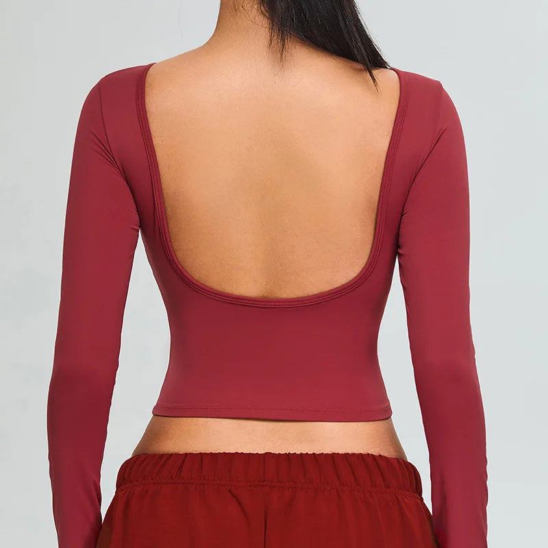 Camisas de yoga sem costas mulheres topo de colheita mangas compridas camisas femininas yoga esportes fitness mangas compridas roupas de ginásio correndo treino topos