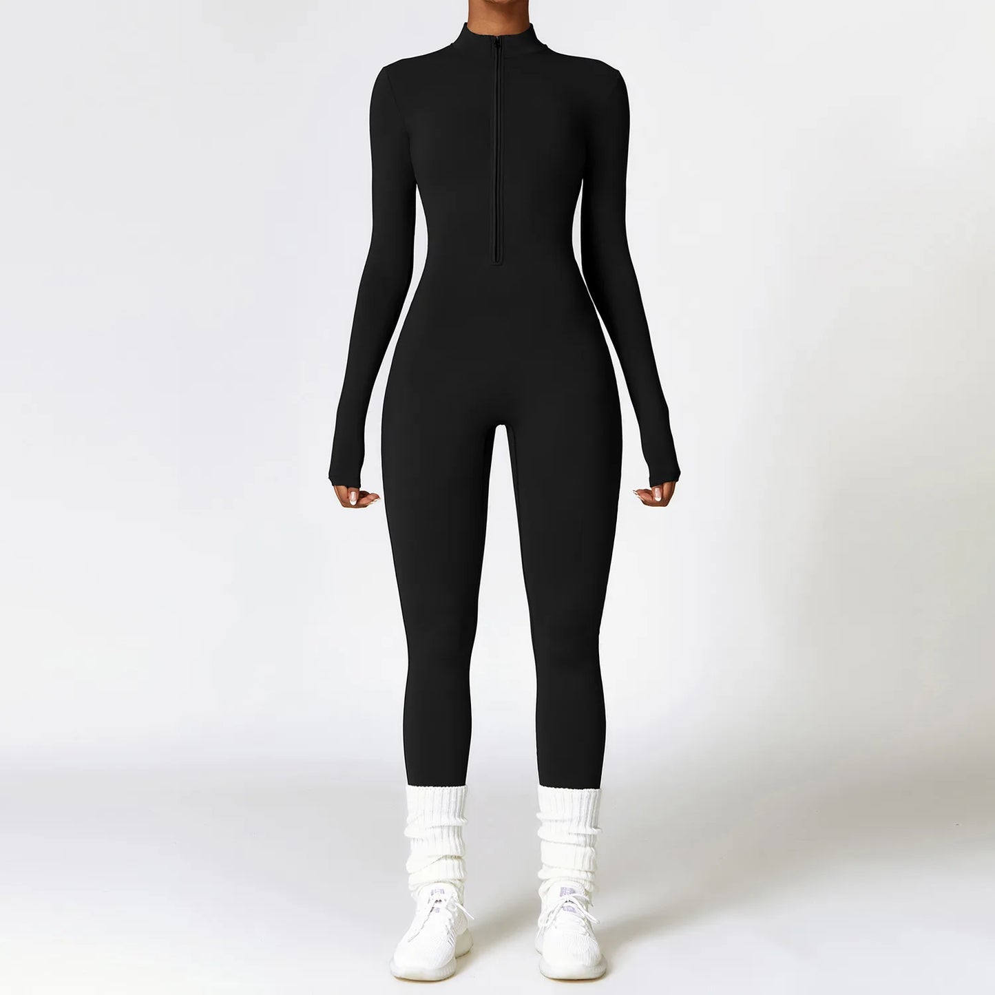 Macacão de yoga com zíper, manga comprida, peça única, roupa esportiva feminina, academia, treino, alta intensidade, fitness, vestuário apertado da pele