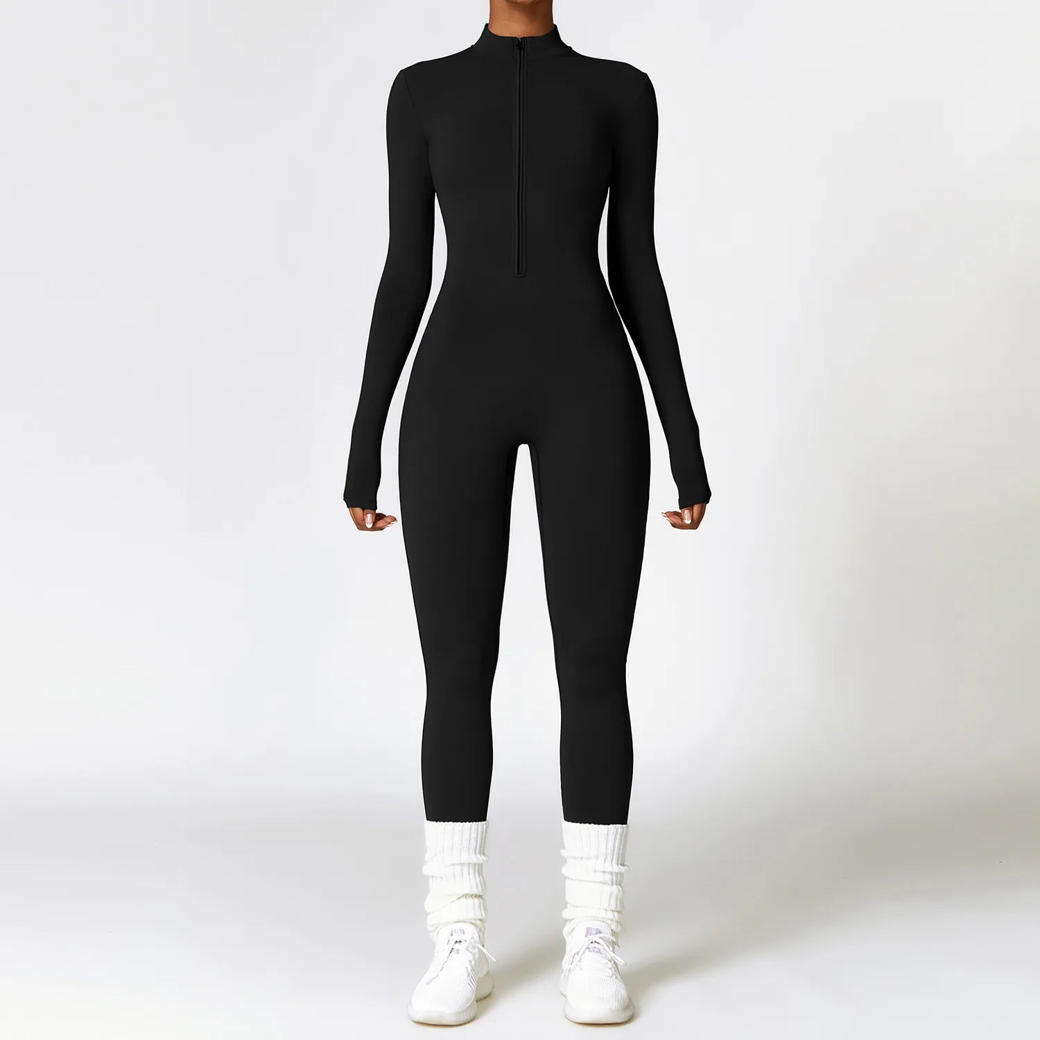 Macacão de yoga com zíper, manga comprida, peça única, roupa esportiva feminina, academia, treino, alta intensidade, fitness, vestuário apertado da pele
