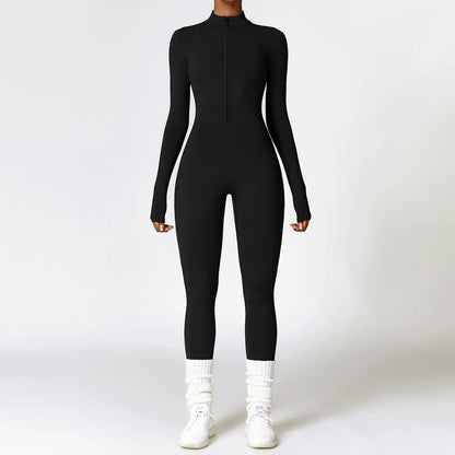 Macacão de yoga com zíper, manga comprida, peça única, roupa esportiva feminina, academia, treino, alta intensidade, fitness, vestuário apertado da pele
