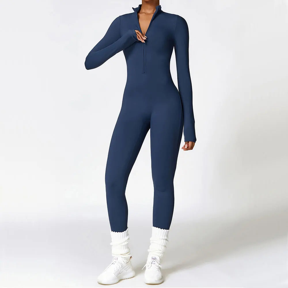 Macacão de yoga com zíper, manga comprida, peça única, roupa esportiva feminina, academia, treino, alta intensidade, fitness, vestuário apertado da pele