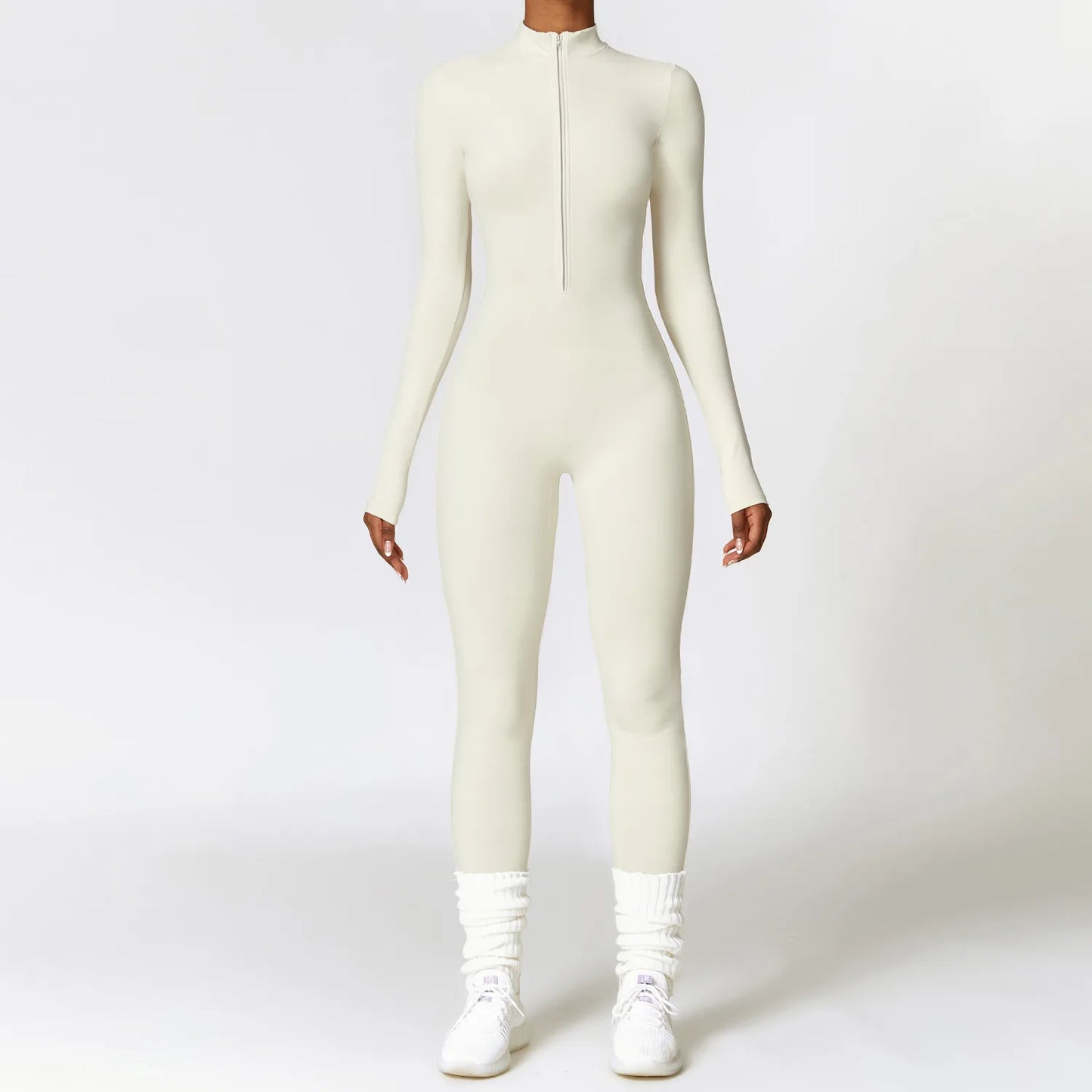 Macacão de yoga com zíper, manga comprida, peça única, roupa esportiva feminina, academia, treino, alta intensidade, fitness, vestuário apertado da pele