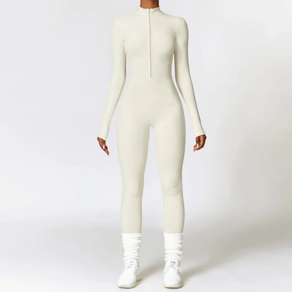 Macacão de yoga com zíper, manga comprida, peça única, roupa esportiva feminina, academia, treino, alta intensidade, fitness, vestuário apertado da pele
