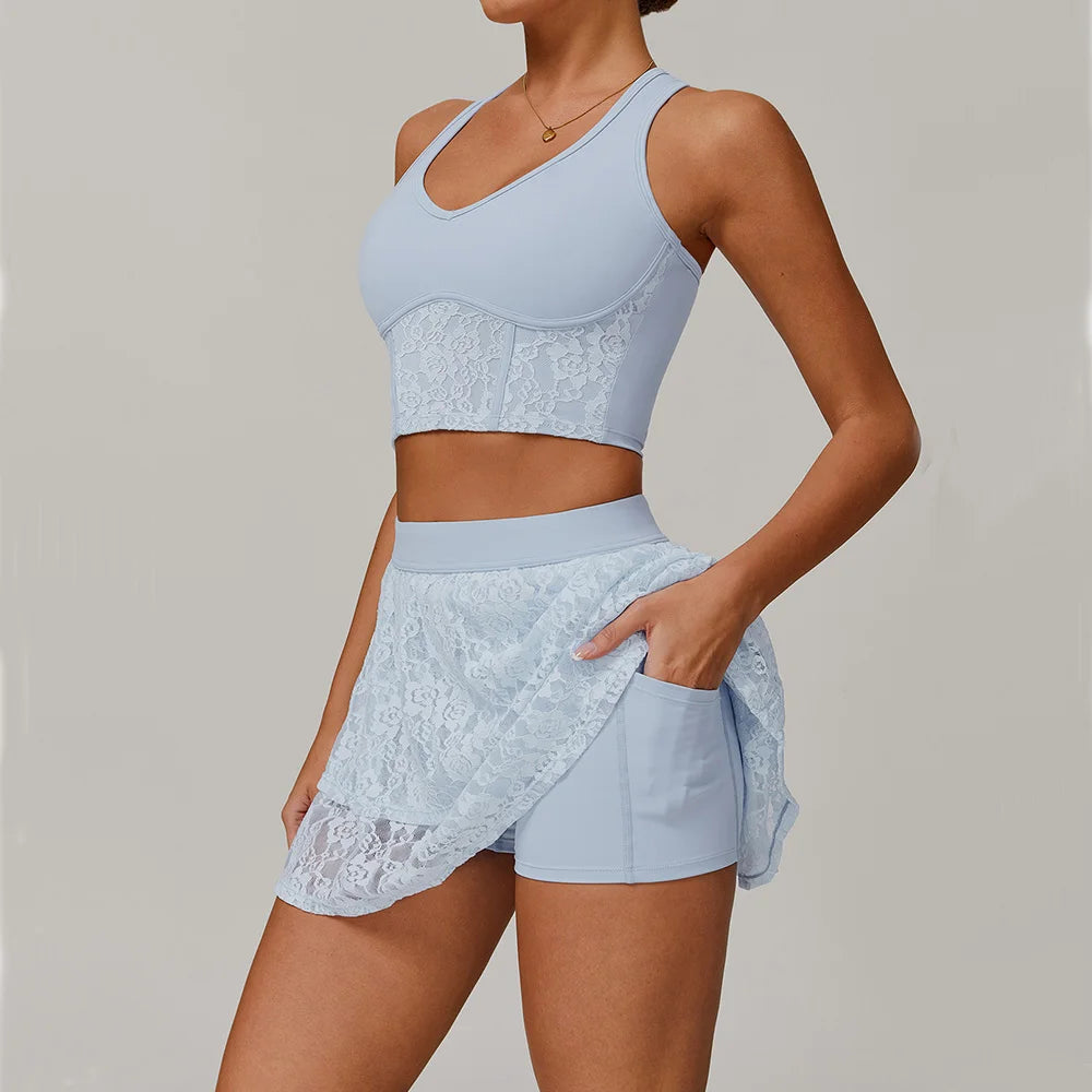 Conjuntos de yoga conjuntos de treino feminino agasalho 2 peças ternos de ginásio tanque colheita shorts de cintura alta roupas fitness correndo yoga saia curta
