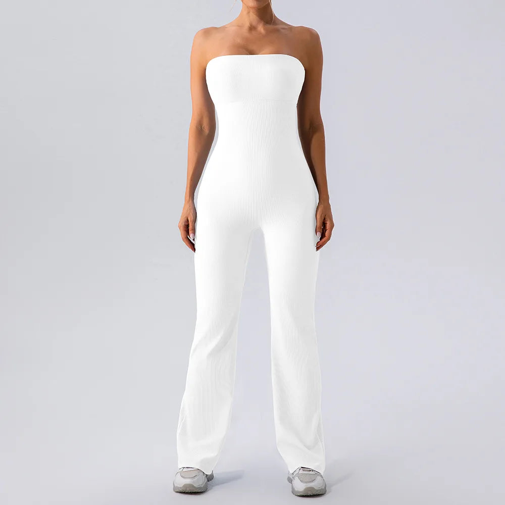 Macacão bandeau sem alças de uma peça para mulheres, macacão esportivo de uma peça, fundo de sino com nervuras, bodysuit de ginástica, ombro a ombro, ioga e treino, 2024