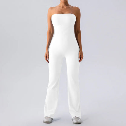Macacão bandeau sem alças de uma peça para mulheres, macacão esportivo de uma peça, fundo de sino com nervuras, bodysuit de ginástica, ombro a ombro, ioga e treino, 2024