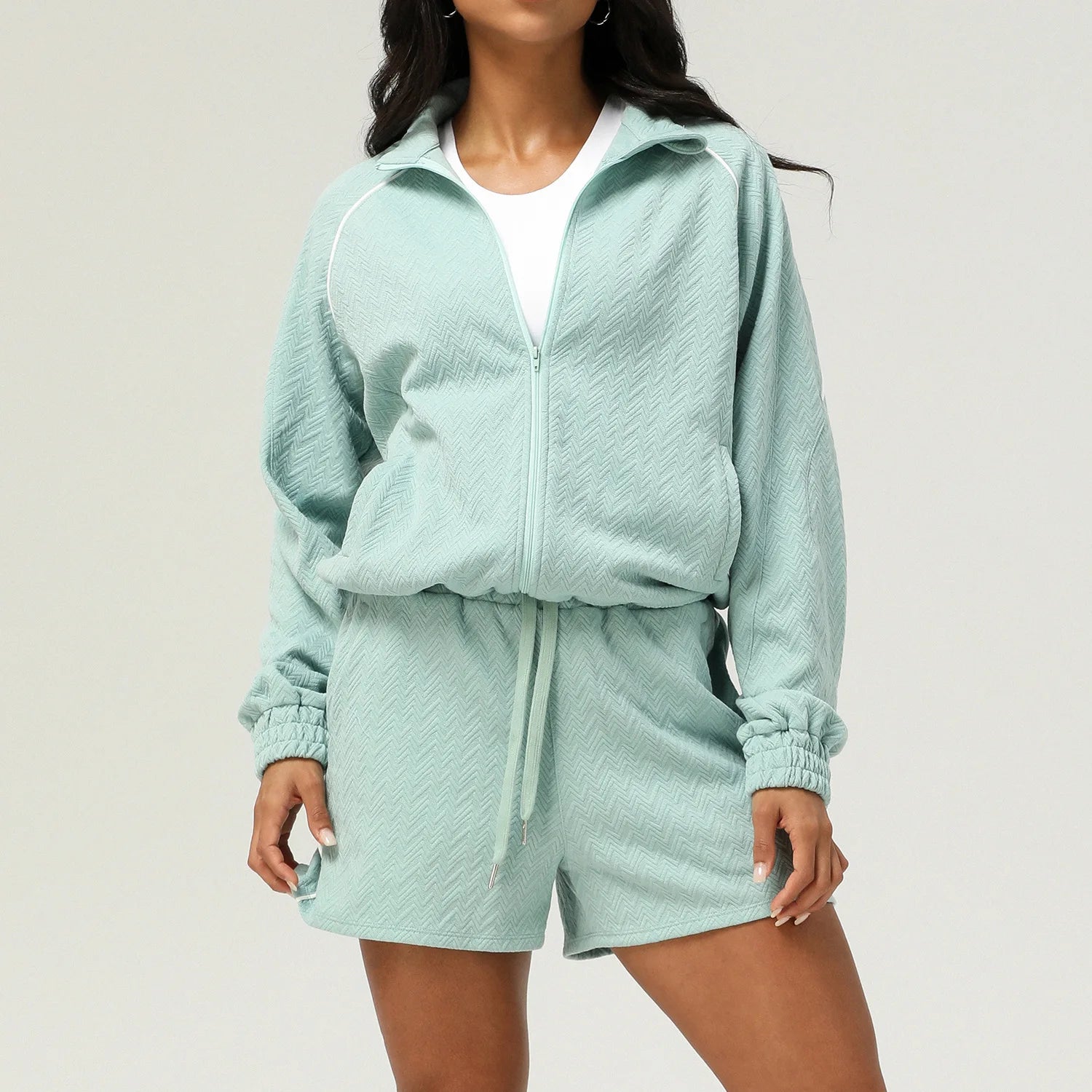 2 peças texturizadas ginásio ternos de fitness para mulheres confortáveis zip completo manga longa shorts sweatsuits yoga treino lounge conjuntos treino