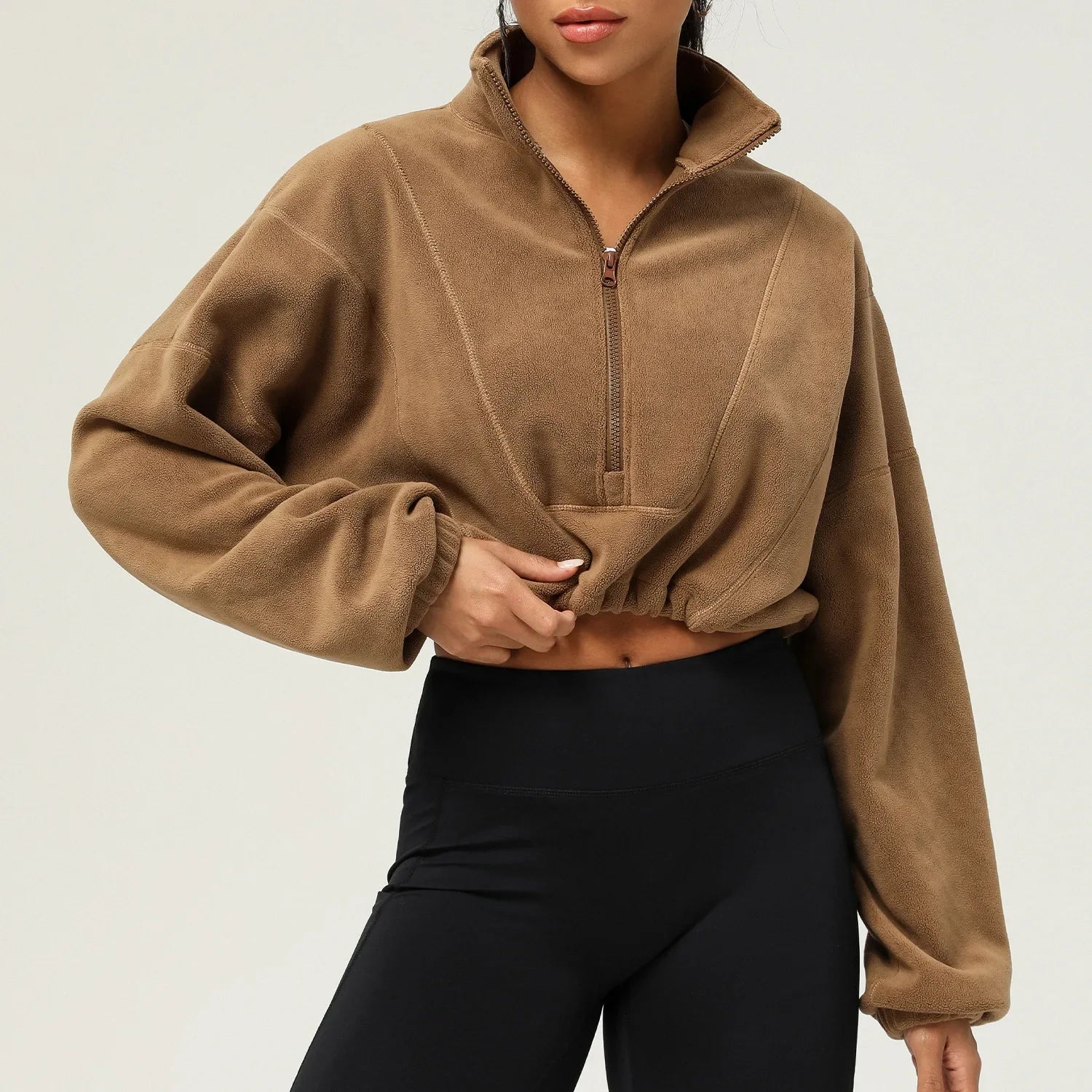 Jaqueta curta de lã com zíper completo feminino inverno quente manga longa gola sherpa casaco de colheita fitness correndo topo moletom casual