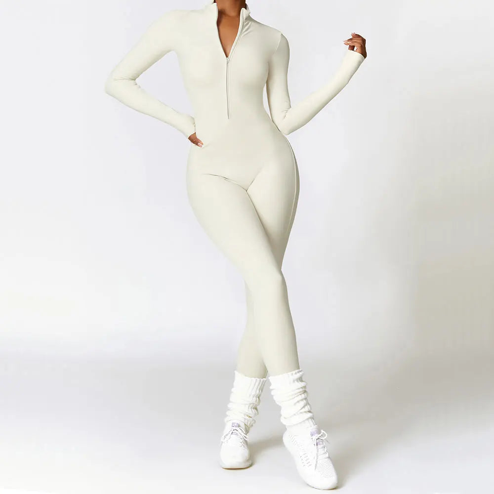 Macacão de yoga com zíper, manga comprida, peça única, roupa esportiva feminina, academia, treino, alta intensidade, fitness, vestuário apertado da pele