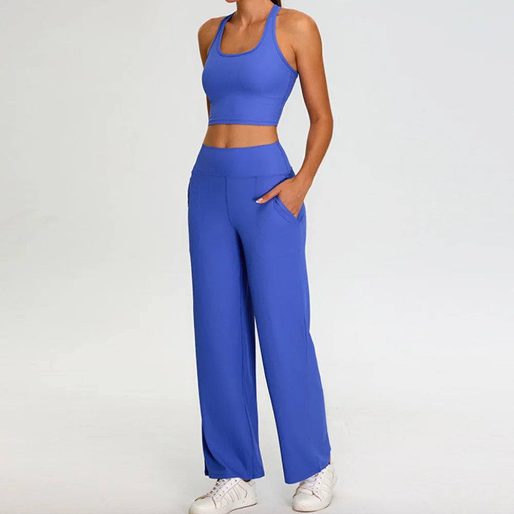 Conjunto de yoga com nervuras feminino, 2 peças, corrida e fitness, academia, treino, cintura alta, calças de yoga, sutiã de alto impacto