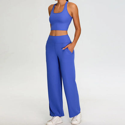 Conjunto de yoga com nervuras feminino, 2 peças, corrida e fitness, academia, treino, cintura alta, calças de yoga, sutiã de alto impacto