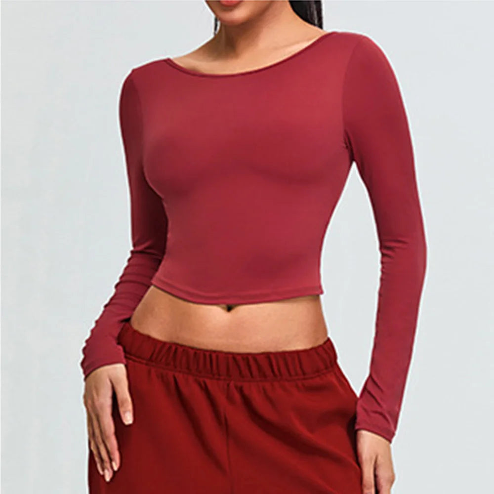 Camisas de yoga sem costas mulheres topo de colheita mangas compridas camisas femininas yoga esportes fitness mangas compridas roupas de ginásio correndo treino topos