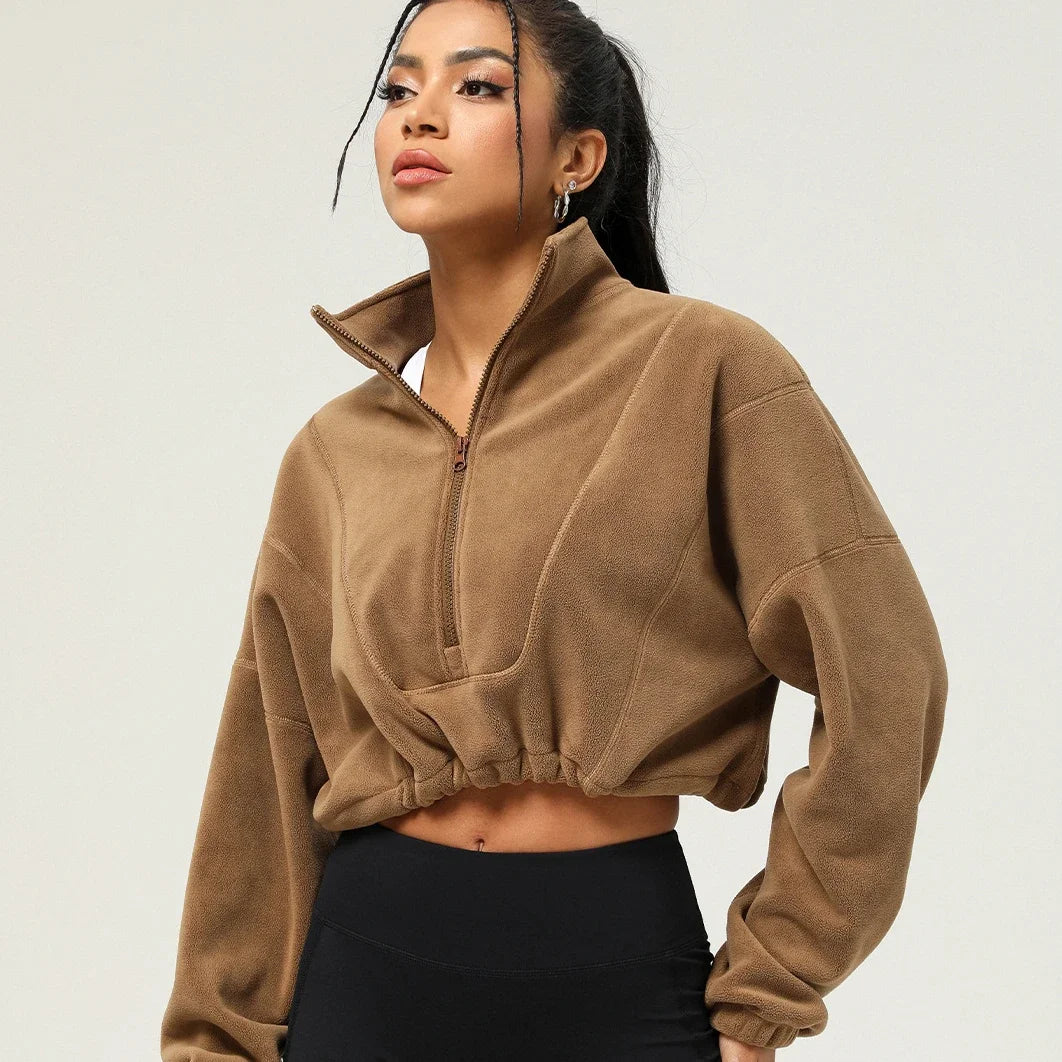 Jaqueta curta de lã com zíper completo feminino inverno quente manga longa gola sherpa casaco de colheita fitness correndo topo moletom casual