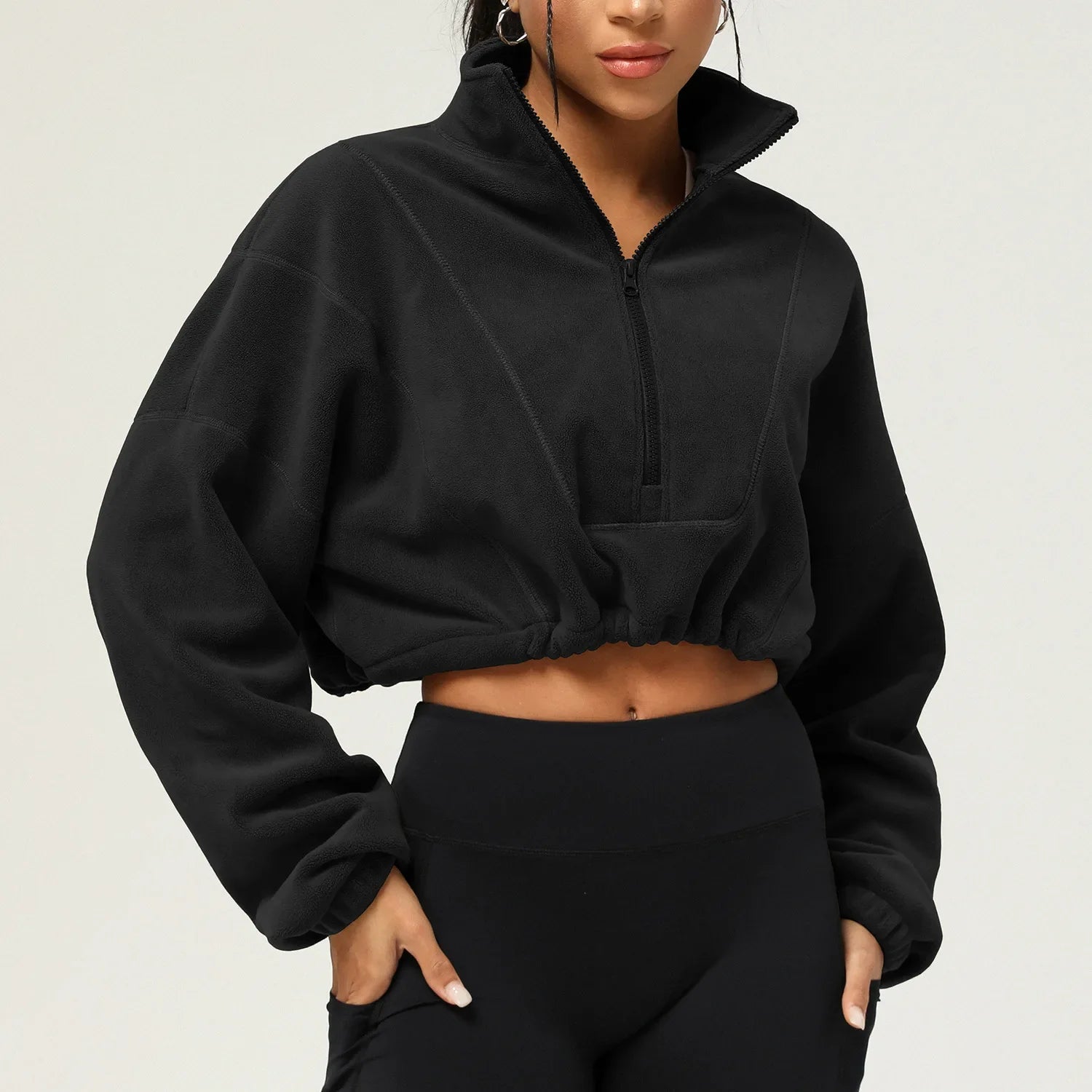 Jaqueta curta de lã com zíper completo feminino inverno quente manga longa gola sherpa casaco de colheita fitness correndo topo moletom casual
