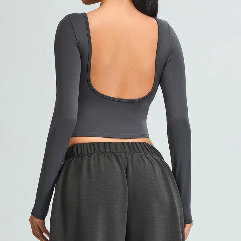 Camisas de yoga sem costas mulheres topo de colheita mangas compridas camisas femininas yoga esportes fitness mangas compridas roupas de ginásio correndo treino topos