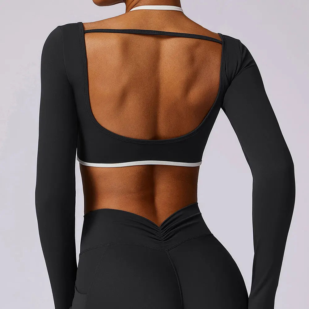 Camisas de ioga sem costas sexy para mulheres, manga longa, fitness, corrida, roupas de ginástica, treino, ajuste seco, respirável, elástico alto, parte superior esportiva