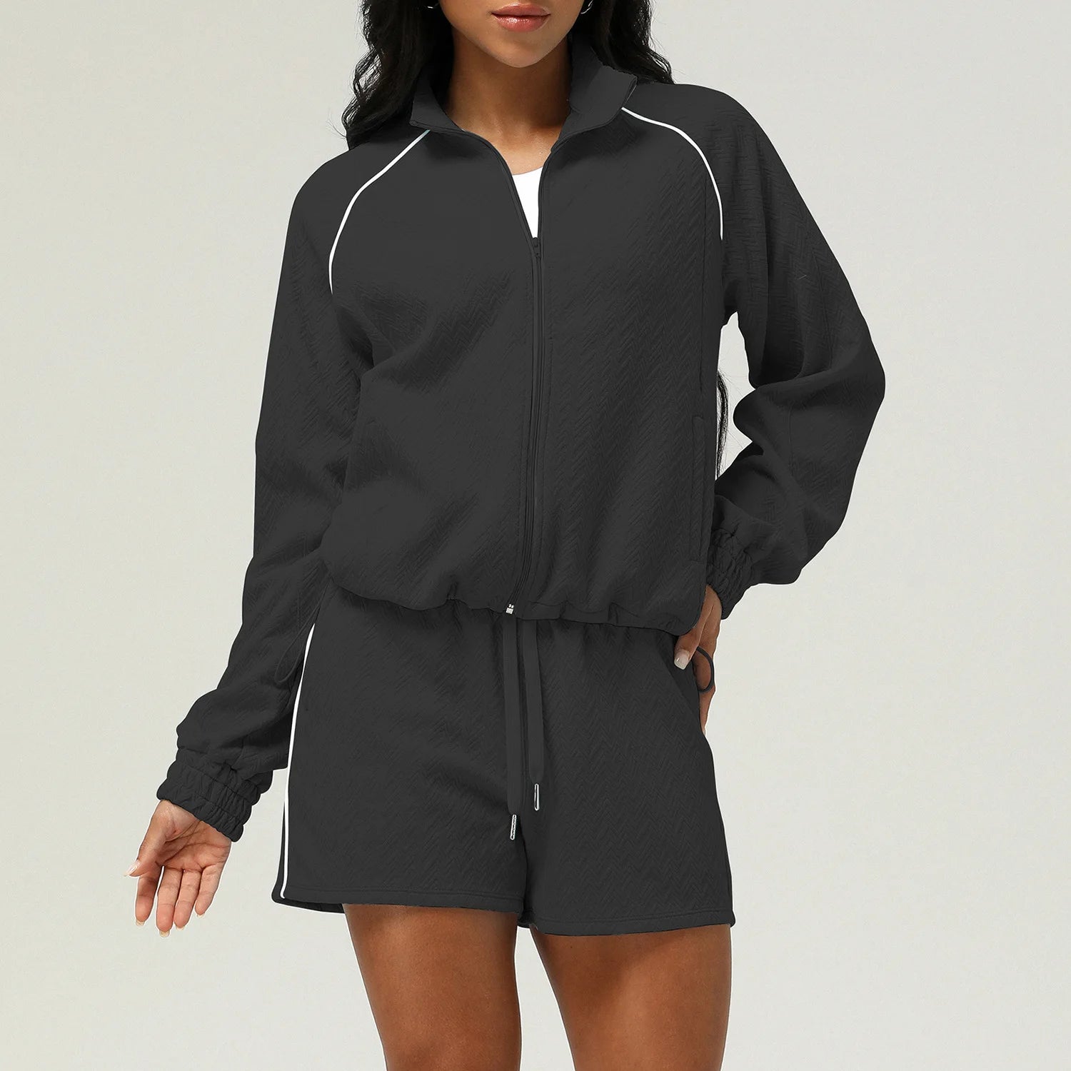 2 peças texturizadas ginásio ternos de fitness para mulheres confortáveis zip completo manga longa shorts sweatsuits yoga treino lounge conjuntos treino