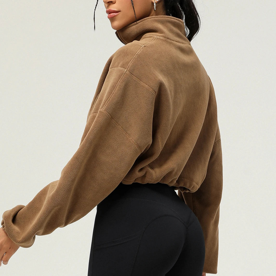 Jaqueta curta de lã com zíper completo feminino inverno quente manga longa gola sherpa casaco de colheita fitness correndo topo moletom casual