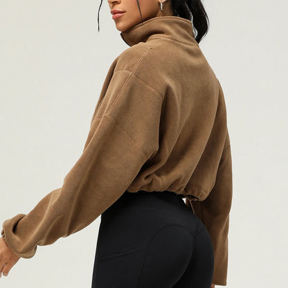 Jaqueta curta de lã com zíper completo feminino inverno quente manga longa gola sherpa casaco de colheita fitness correndo topo moletom casual