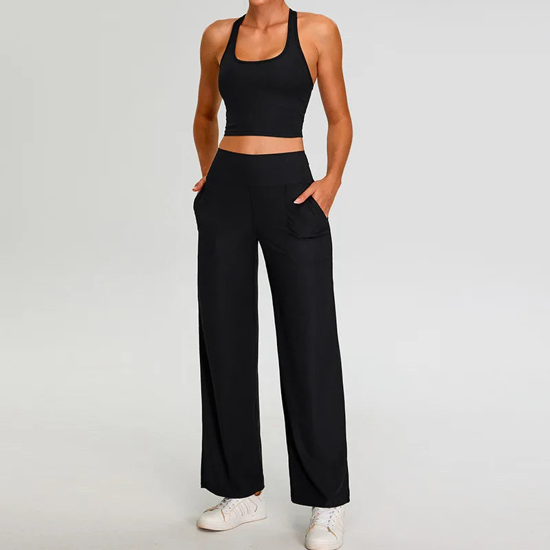 Conjunto de yoga com nervuras feminino, 2 peças, corrida e fitness, academia, treino, cintura alta, calças de yoga, sutiã de alto impacto