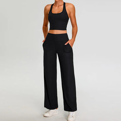 Conjunto de yoga com nervuras feminino, 2 peças, corrida e fitness, academia, treino, cintura alta, calças de yoga, sutiã de alto impacto