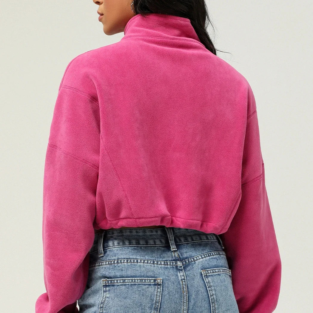 Jaqueta curta de lã com zíper completo feminino inverno quente manga longa gola sherpa casaco de colheita fitness correndo topo moletom casual