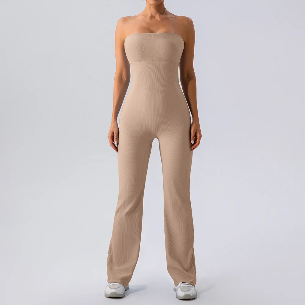 Macacão bandeau sem alças de uma peça para mulheres, macacão esportivo de uma peça, fundo de sino com nervuras, bodysuit de ginástica, ombro a ombro, ioga e treino, 2024