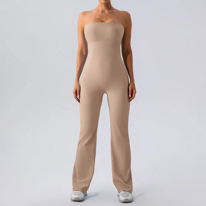 Macacão bandeau sem alças de uma peça para mulheres, macacão esportivo de uma peça, fundo de sino com nervuras, bodysuit de ginástica, ombro a ombro, ioga e treino, 2024