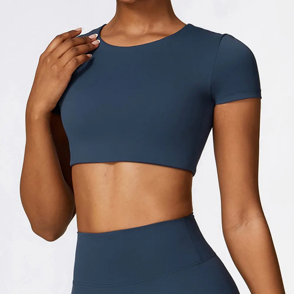 Mulher esportes topo em torno do pescoço yoga colheita topo de manga curta para fitness push up treino camiseta topos roupas de ginásio