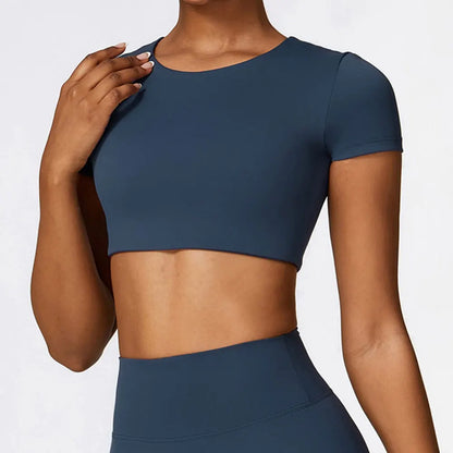Mulher esportes topo em torno do pescoço yoga colheita topo de manga curta para fitness push up treino camiseta topos roupas de ginásio