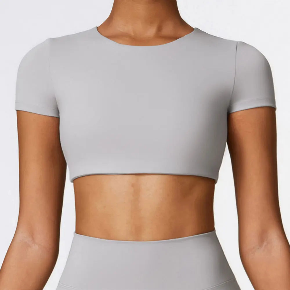 Mulher esportes topo em torno do pescoço yoga colheita topo de manga curta para fitness push up treino camiseta topos roupas de ginásio