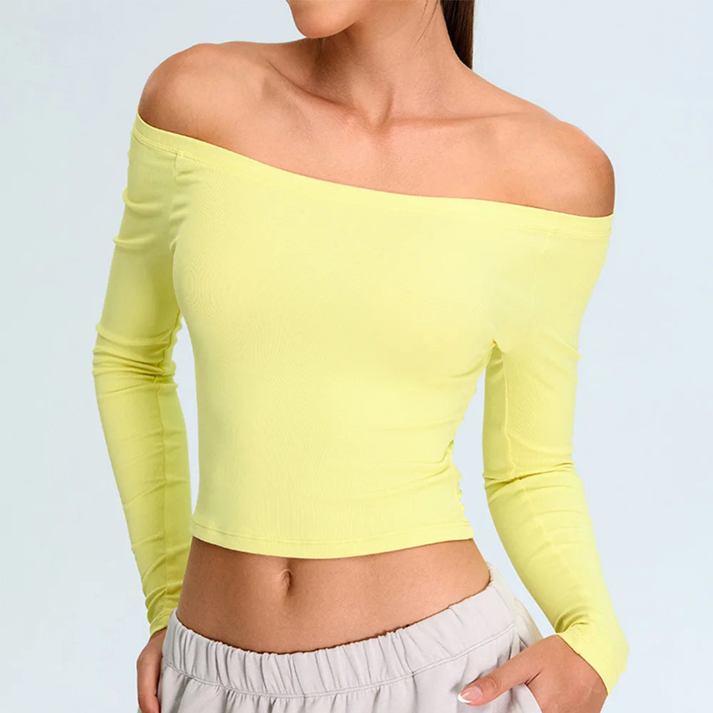 Camisetas de yoga femininas sólidas esportes topo fora do ombro manga longa ginásio treino correndo camisas sexy secagem rápida fitness ginásio esporte wear
