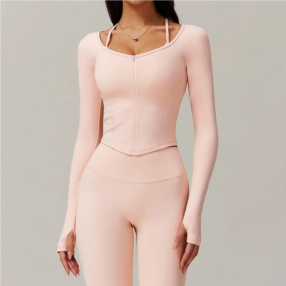 Mulheres yoga camisetas com zíper esportes topo manga longa ginásio treino correndo camisas sexy umbigo exposto secagem rápida fitness ginásio esporte wear