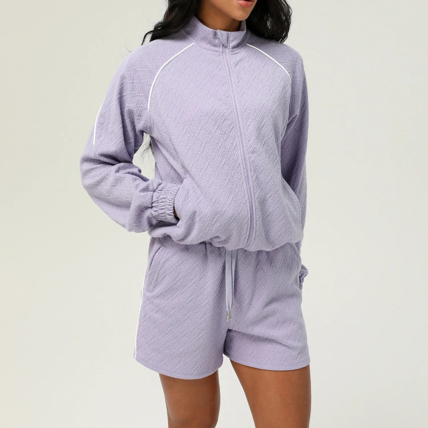 2 peças texturizadas ginásio ternos de fitness para mulheres confortáveis zip completo manga longa shorts sweatsuits yoga treino lounge conjuntos treino